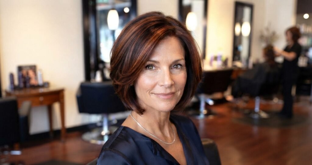 mulher madura com cabelo iluminado e visual rejuvenescido