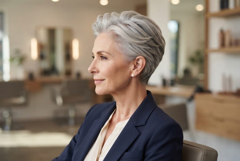 Corte pixie feminino de perfil com laterais e nuca curtas